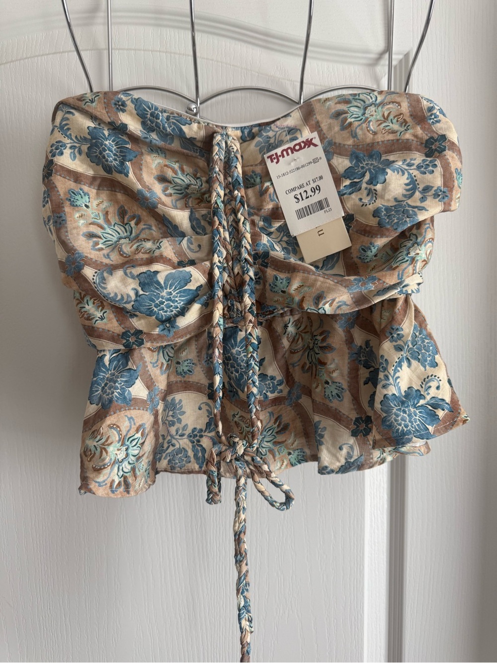 Floral Strapless Peplum Tie-Front Top - Blue/Tan